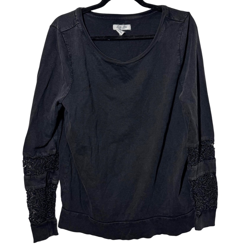 Lucky Lotus Lace Sleeve Sweatshirt Large Black Boho Crochet Cotton Pullover L